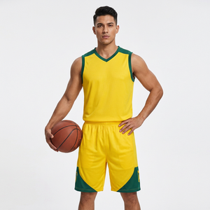 Ensemble de maillots de basket-ball jaune et vert à blocs de couleur, sans manches, col en V, polyester respirant, unisexe adulte, toutes saisons - Product Image 6