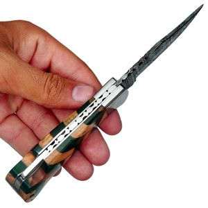 Cuchillo Plegable de Acero de Damasco con Mango de Madera de Olivo y Pakka, con Funda, para Bolsillo, EDC, Caza, Camping, Cuchillo Personalizado OEM - Product Image 3