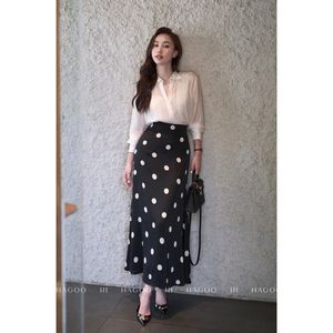 CV629 Black White Polka Dot Satin Polyester Maxi Skirt Women High Waist <b>Thigh</b> Fit Casual Trumpet/Mermaid Design Machine Washable - Product Image 2