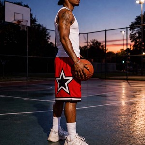 Pantalones Cortos de Baloncesto con Estampado de Estrellas para Hombre, Pantalones Cortos Deportivos Casuales de Malla Roja para Verano - Product Image 6