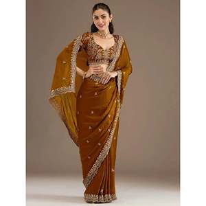 Wedding Apparel Classic <b>Golden</b> Zari Embroidered Silk Reception <b>Saree</b> with Blouse - Product Image 6