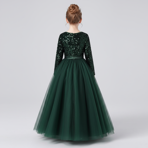 Elegante Vestido de Princesa Verde de Terciopelo con Lentejuelas Bordadas para Niñas, Vestido de Fiesta, Proveedor al por Mayor, OEM - Product Image 6