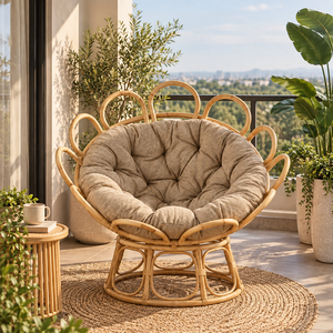 Sillón Moderno de Ratán con Cojín Acolchado, Muebles Contemporáneos para Sala de Estar, Diseño de Respaldo Sólido, Acabado Natural - Product Image 3