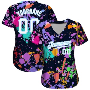 Top Quality OMMiZ OEM Logo Print Knitted <b>WoMen</b> Custom Splashes Graffiti Pattern White-Light Blue 3D Authentic Baseball Jersey - Product Image 1