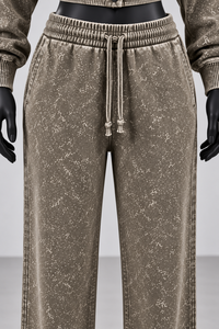 Conjunto de dos piezas de ropa urbana de invierno para mujer, transpirable, con lavado ácido, top corto con cuello alto y pantalones jogger con botones de manga larga - Product Image 6
