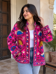 Bohemian <b>Velvet</b> Suzani Bomber Jacket Handmade Embroidery Vintage Floral Reversible Eco-Friendly 100% Cotton Winter Wholesale - Product Image 5