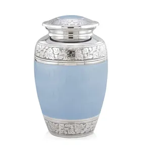 Urne funéraire en métal bleu avec bordure argentée, ronde, faite à la main, pour cadeau de sympathie, style luxueux - Product Image 5