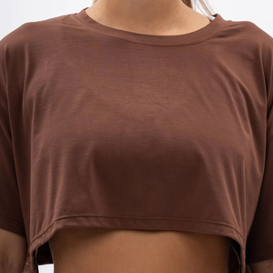 Camiseta Corta Personalizada para Mujer, Color Marrón, Algodón, Corte Ajustado, Manga Corta, Lisa, Informal, para Gimnasio, Verano, Satinada - Product Image 6