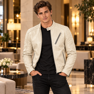 Chaqueta Café Racer Morada para Hombre en Cuero Genuino con Hombros Acolchados, Cuello con Broches y Bolsillos con Cremallera para Atuendos Casuales Urbanos - Product Image 3