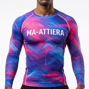T-shirt de compression à manches longues pour homme, imprimé vague bleu rose, pour la gym, le fitness, la course, vêtement de sport performant, couche de base athlétique - Product Image 1