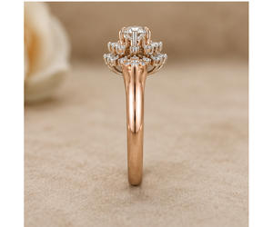 Anillo de Compromiso Floral, Chapado en Oro Rosa de 14K, Corte Brillante, Solitario, Diamante Sintético Cultivado en Laboratorio, Halo de Flores, Propuesta de Matrimonio - Product Image 3