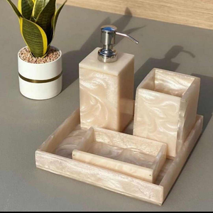 Marble Look Eco-Friendly Resin Angel <b>Bath</b> Room Set Tangerine Premium Design Set of 4 Soap Holder Dispenser <b>Tumbler</b> and Tray - Product Image 6