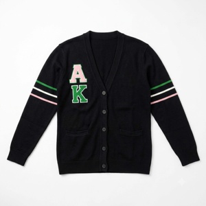 Cárdigan Personalizado Alpha para Mujer, Negro y Rosa, Cuello en V, Manga Larga, Tejido de Punto, con Logotipo AK Verde y Detalles de Parche - Product Image 1