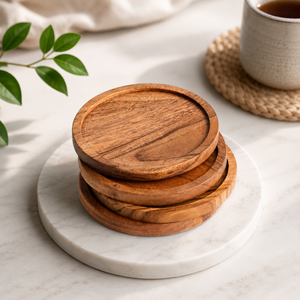 Wooden Round <b>Coaster</b> <b>Set</b> of 4 Heat Resistant Drink Mats Modern Table Protection Natural Wood Design High Selling - Product Image 1