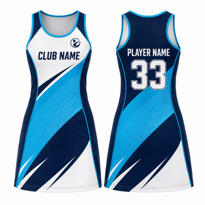 MEGAMAPLE Uniforme de netball sans manches personnalisé pour femmes, bleu marine, blanc, impression par sublimation, respirant, léger, durable, sans couture - Product Image 1