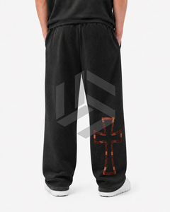 Men's Customized Color Regular Fit Breathable Cotton Straight Sweatpants with Flame Cross Print Elastic Waist Casual Spring Wear - Product Image 3