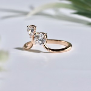 Anillo de compromiso de oro rosa con diamante cultivado en laboratorio, diseño abierto, clásico, redondo, en forma de pera, con dos piedras, solitario, para boda, joyería fina, regalo - Product Image 3