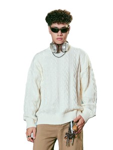 Men's Oversized Cream <b>Cable</b> <b>Knit</b> Pullover Crew Neck <b>Sweater</b> Regular Fit Casual Style Autumn Wear - Product Image 1