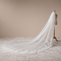 Voile de mariée exquis en tulle doux grande taille, long, style chapelle, avec bordure en dentelle festonnée, pour mariage en église, direct usine