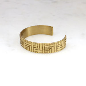 Handmade Brass Cuff <b>Bracelet</b> for Men & Women – Geometric Basket Weave Pattern – <b>Adjustable</b> Gold-Tone Open Bangle - Product Image 6