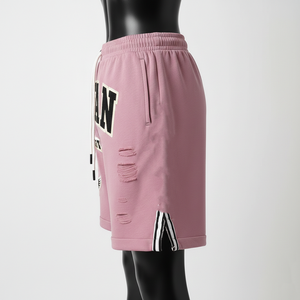 Shorts de basket-ball pour femmes, coton mélangé de haute qualité, tissu polaire respirant, design à panneaux roses, logo personnalisé. - Product Image 3