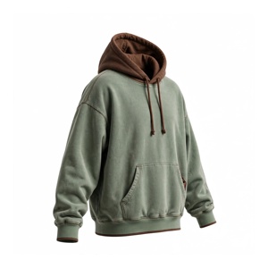 Sweat-shirt à capuche pour homme, coupe classique, vert et marron unis, en molleton de coton, anti-plis, avec poche, décontracté, pour l'hiver - Product Image 3