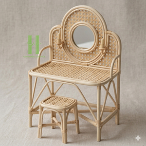 Wholesale Handmade Modern Rattan Kids Vanity <b>Table</b> Set Mirror <b>Dressing</b> <b>Table</b> <b>Stool</b> School Use Durable Eco-Friendly Safety - Product Image 1