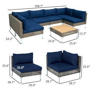 Tavolo componibile in legno di Acacia da esterno in 7 pezzi con Set di mobili da giardino in vimini marrone/blu con cuscini ispessiti - Product Image 3