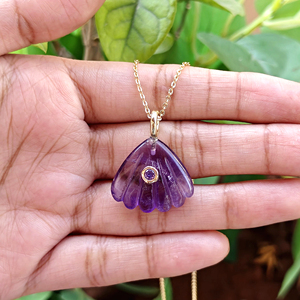 Natural stone amethyst jewelry shell hand carved pendant <b>with</b> purple zircon accent 18k gold plated jewelry gift brass necklace - Product Image 2