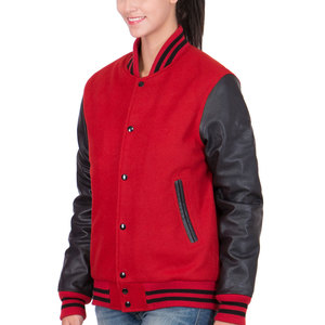 Women's Red Varsity Jacket With PU Leather Sleeves <b>Button</b> Up Collar Solid Color Autumn Wear for wholesale price - Product Image 4