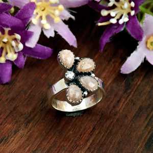 Minimalist Southwestern Peach Moonstone Gemstone Ring Handmade Crescent <b>Cluster</b> Teardrop Shape Floral Ring Gift For Her - Product Image 3