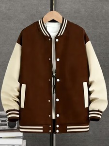 Men's Brown Varsity Jacket Cotton Polyester Blend Casual Turn-down Collar Regular Fit Autumn Streetwear Solid Color <b>Button</b> - Product Image 1