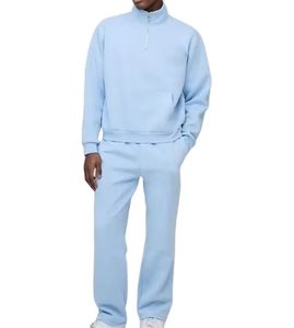 Ensemble de survêtement décontracté pour homme, bleu clair, demi-zip, manches longues, couleur unie, jogging mi-saison 100 % coton - Product Image 4