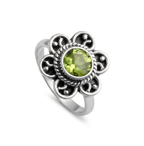 Bague en argent sterling 925 avec péridot et quartz rose, fleur, pierre précieuse naturelle, artisanale, bague de fiançailles de créateur, cadeau pour elle - Product Image 1