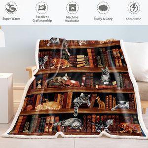 Vintage Kitten Sherpa Fleece Blanket Cat in Bookshelf Design As Librarian or Book Lover Gift Throws for Bed Couch or Sofa - Product Image 2