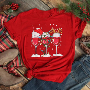 New Christmas Wine Glass Glitter Print T Shirt New Year Women <b>Tops</b> Cartoon Shirt Female Short Sleeve Crew Neck Black <b>Sequined</b> - Product Image 5