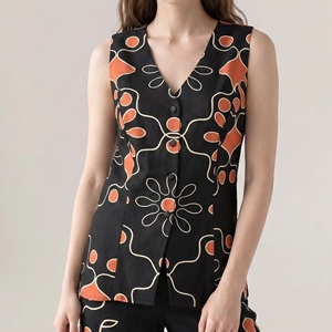 Chaleco Retro con Estampado Floral para Mujer, Cuello en V, Abotonado, Sin Mangas, Negro, Fabricante de Ropa - Product Image 4