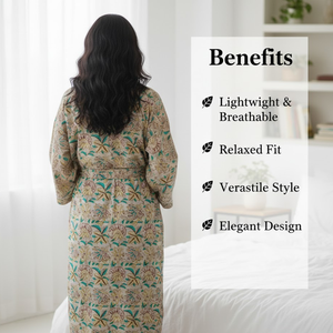 Kimono Artesanal de Algodón con Estampado Floral Gris |   Bata de dormir de manga larga con cuello en V para mujer |   Bata de Spa Larga de Algodón Puro, Diseño Exclusivo - Product Image 5