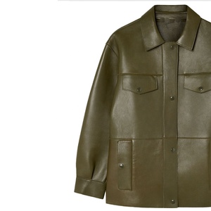 Chaqueta de cuero genuino extragrande para mujer, estilo universitario, color verde oliva, sobrecamisa utilitaria con botones cubiertos OEM, ropa exterior. - Product Image 4
