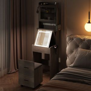 Compatto Mini angolo grigio Set di vanità piccolo spazio scaffali di stoccaggio luci LED stazione di ricarica nascosto sgabello trucco vanità - Product Image 5