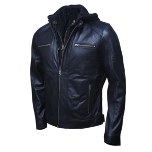Blouson moto décontracté pour homme en cuir véritable marron, col montant, fermeture éclair, coupe ajustée, couleur unie, manches classiques, devant délavé - Product Image 6
