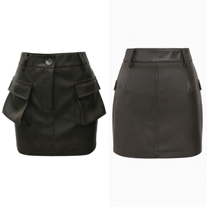 Women's High Waist Faux Leather Mini <b>Skirt</b> Cargo Style With Pockets Solid Color Shiny Finish All Seasons Wear - Product Image 1