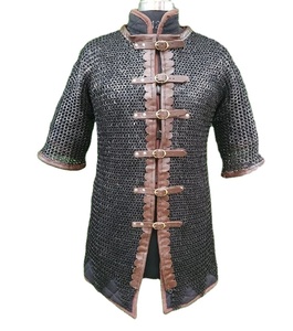 Handmade Chainmail Shirt With Leather Trim Mild Steel Flat Riveted Ring Full Sleeve Knight Hauberk Armor Historical Reenactment - Product Image 1