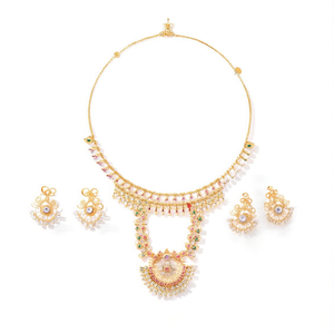 Peacock Matte Gold Semi Bridal Necklace Set with Cubic Zirconia Earrings - Product Image 2