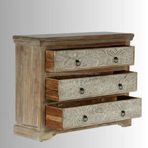 Commode en bois moderne Tiva avec 3 tiroirs, finition blanche vieillie, design élégant pour usage hôtelier, bois de manguier - Product Image 4