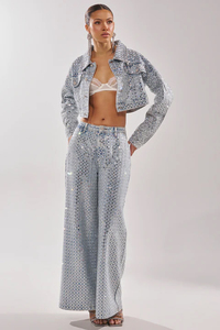 Women's <b>Sequined</b> Denim 2-Piece Set Loose Fit Geometric Print Wide Leg Pants With <b>Jacket</b> Casual All Seasons Style - Product Image 2