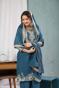 Robe traditionnelle indienne pakistanaise pour femmes, en soie turquoise brodée, longueur cheville, avec bordure dorée, coupe classique - Product Image 3