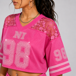Luxury Women Cropped Football Jersey With <b>Rhinestone</b> Letters <b>Mesh</b> Varsity Streetwear Drop Shoulder Shirt - Product Image 5