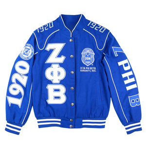 เสื้อแจ็คเก็ต Zeta Phi Beta Centennial Racing สีน้ำเงินรอยัล สำหรับผู้หญิง  แบบตัวอักษรกรีก  รุ่น Varsity ปี 1920  ปักลาย ZPB  เสื้อคลุมสตรีนักกีฬามหาวิทยาลัย - Product Image 1