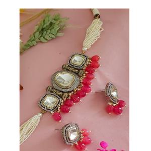 Ensemble collier et boucles d'oreilles plaqué or de qualité supérieure, aspect perle rouge et blanc, pour mariage, collection pour femmes et filles. - Product Image 1